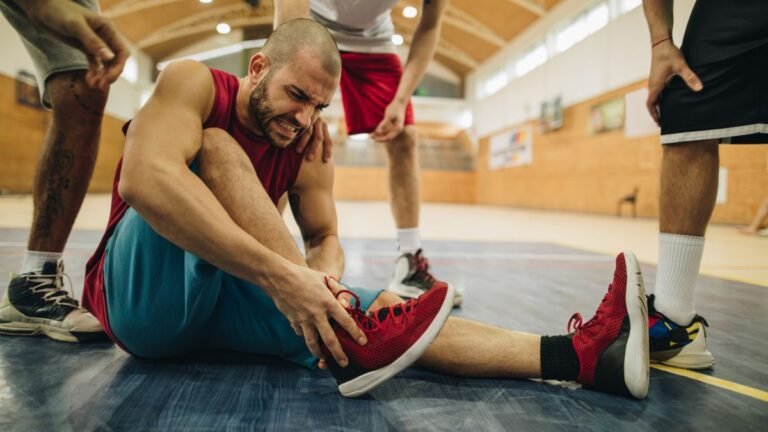 Basketball player holds ankle with other players gathered around him