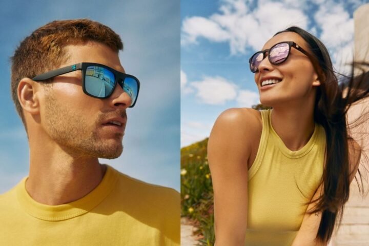 Side by side images of a male and a female model wearing SunGod prescription sunglasses