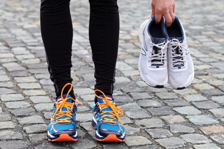 Person wearing old running shoes and holding a pair of new running shoes