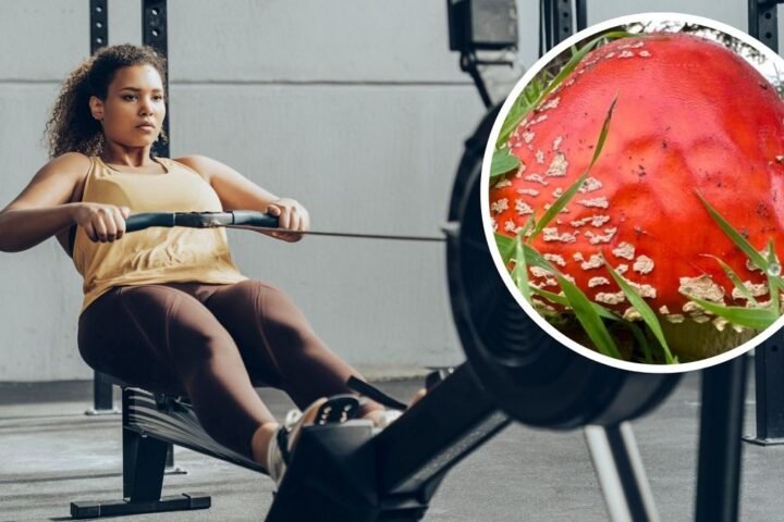 A woman completing a CrossFit workout on a rowing machine, and inset the mushroom used as a CrossFit Open hint by former Games director Dave Castro