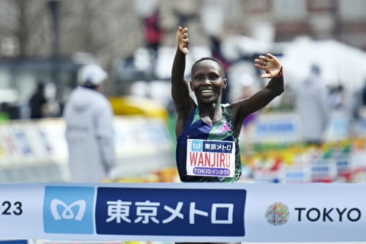 Rosemary Wanjiru crosses the finish line of the Tokyo Marathon 2023, winning the Elite Women race