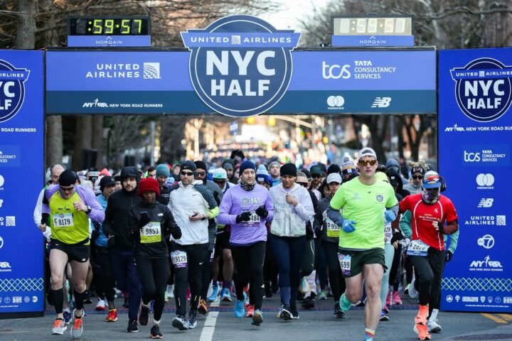 The start line of the 2023 United Airlines NYC Half Marathon