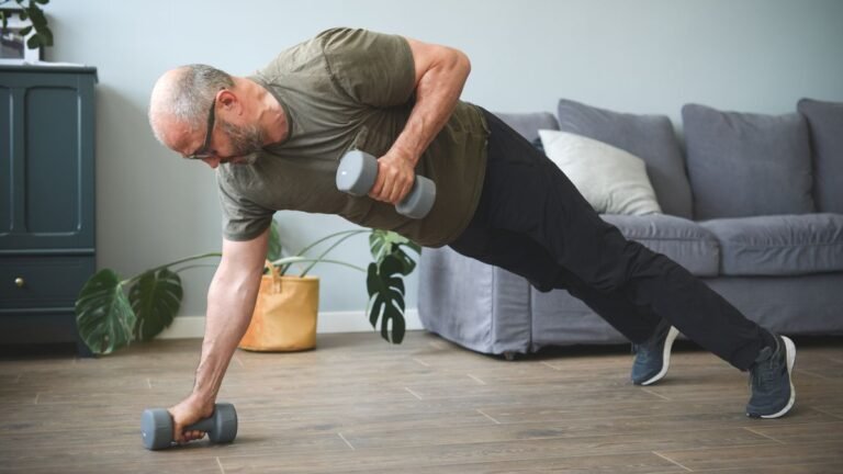 Man performing renegade row exercise at home